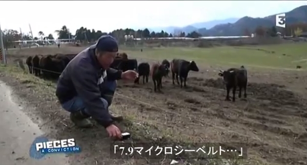 写真：線量を計る福島県の農夫　出典：フランスＦＲ３放送「フクシマ・地球規模の汚染へ」