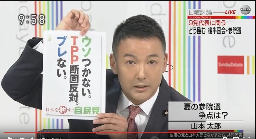 写真（NHK日曜討論で発言する山本太郎議員） 